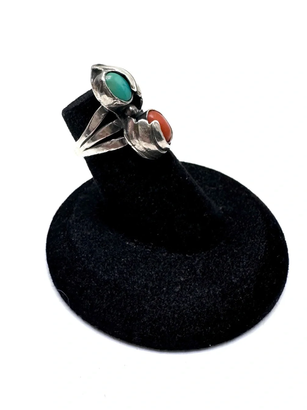 Vintage Sterling Silver Coral and Turquoise Ring Size 3 1/2